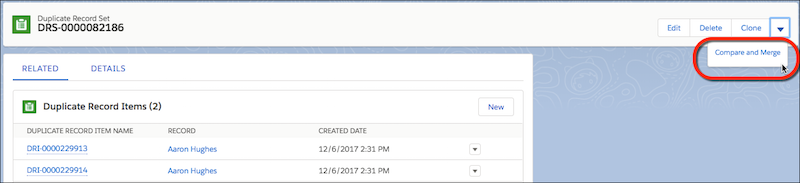 A duplicate record set in Lightning Experience, with Compare and Merge option