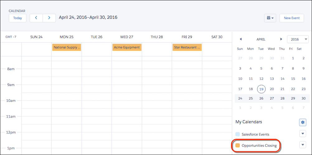 Calendar based on Opportunity object and close date field, with opportunity close dates displayed at top