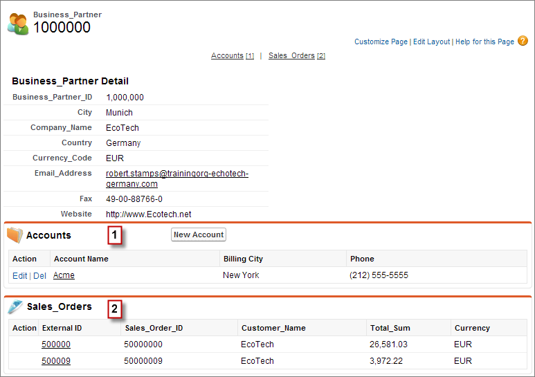 External object record detail page with standard object Account related list and external object Sales_Order related list