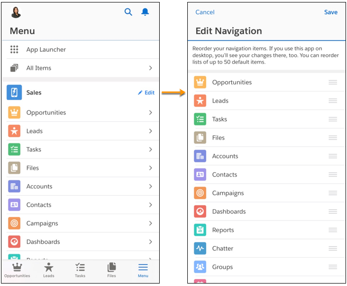 Customize a Lightning App Navigation Menu in the Salesforce Mobile App