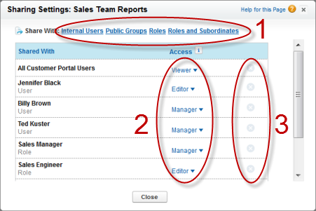 Analytics sharing window showing three numbered sections