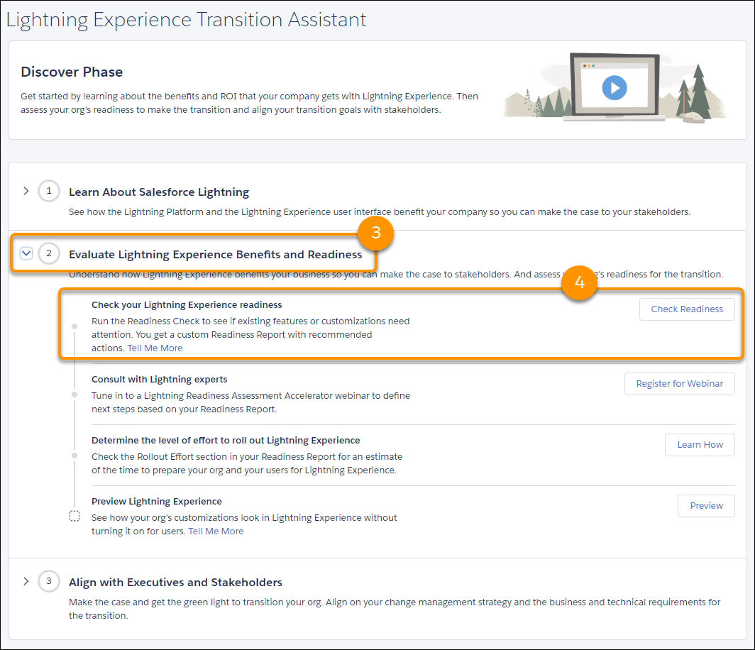 Screenshot of the step for running the Readiness Check from the Transition Assistant.