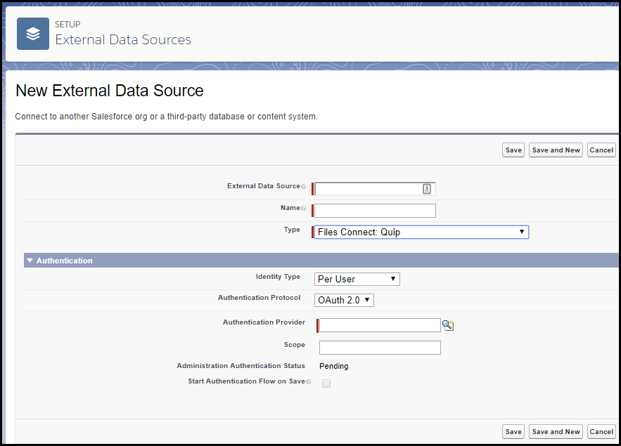 Image of the New External Data Source page in Setup