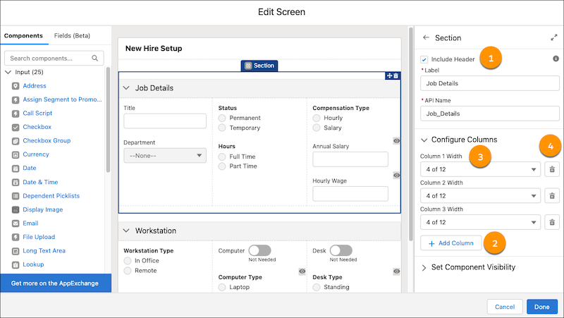 Edit Screen window with a section component, calling out the header configuration area, where to add a column, where to configure column width, and where to delete a column