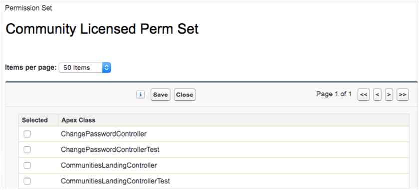 The edit page for Apex Class Access in a permission set with the enable enhanced option enabled.