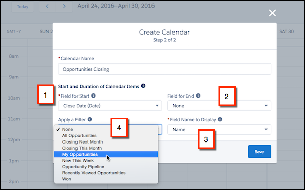 Step 2 of creating a calendar: calendar name, field for start (1), field for end (2), field name to display (3), and choice of list view filter (4)