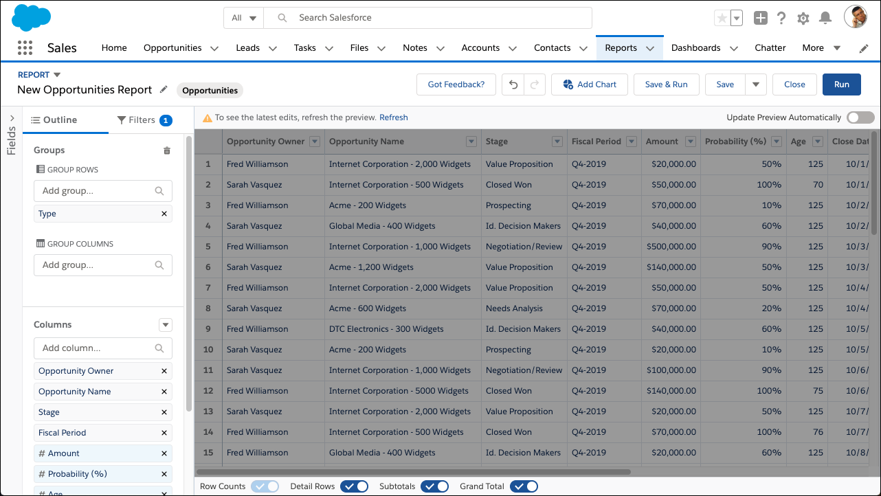 A report with edits hidden from the preview pane