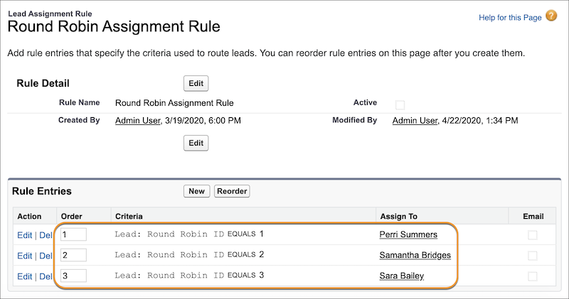 Completed lead assignment rule showing each user.