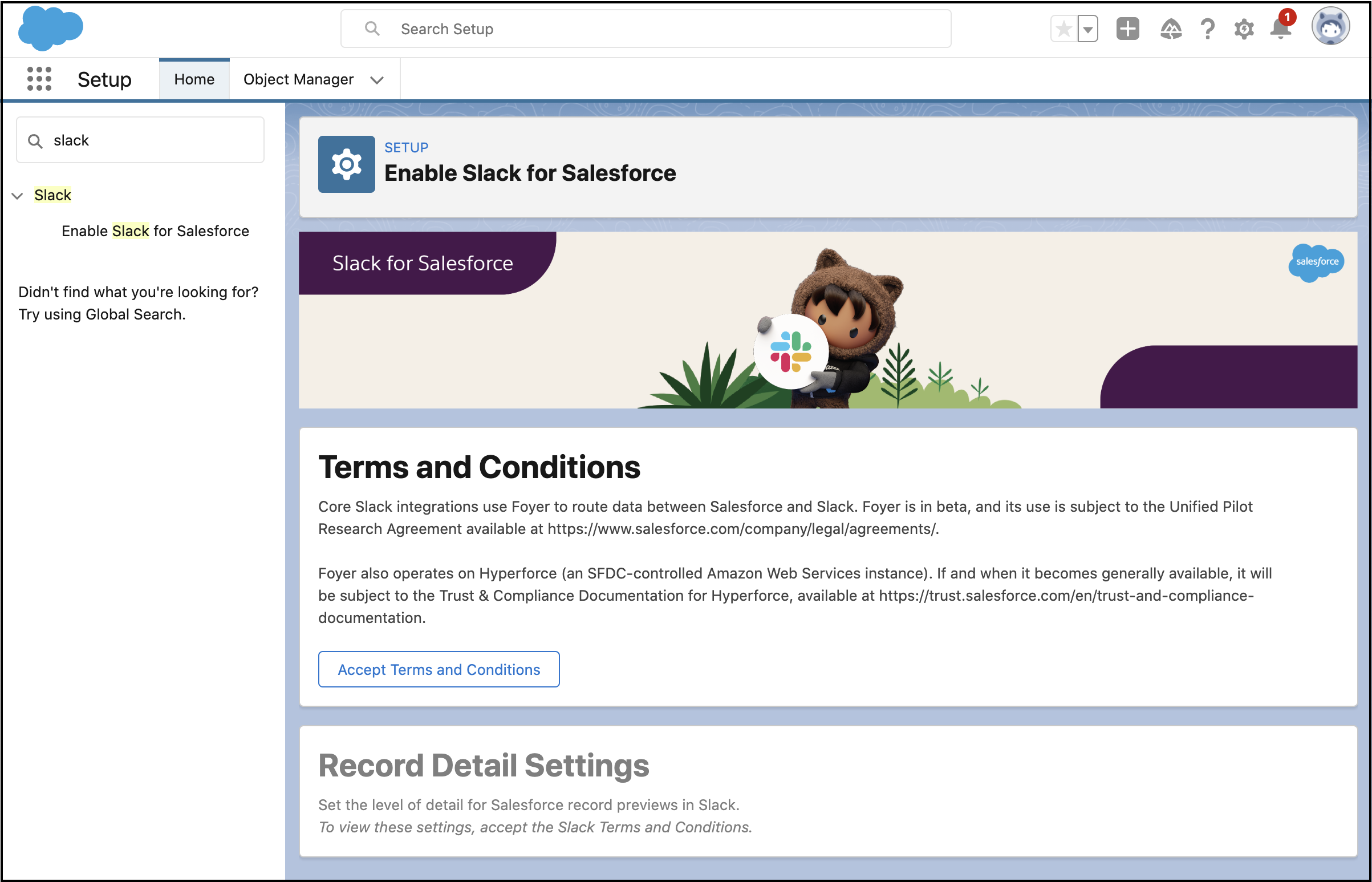 Enable Slack for Salesforce setup screen