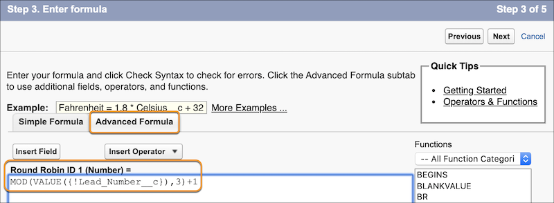 Formula field template with the formula inserted in the Advanced Formula tab.
