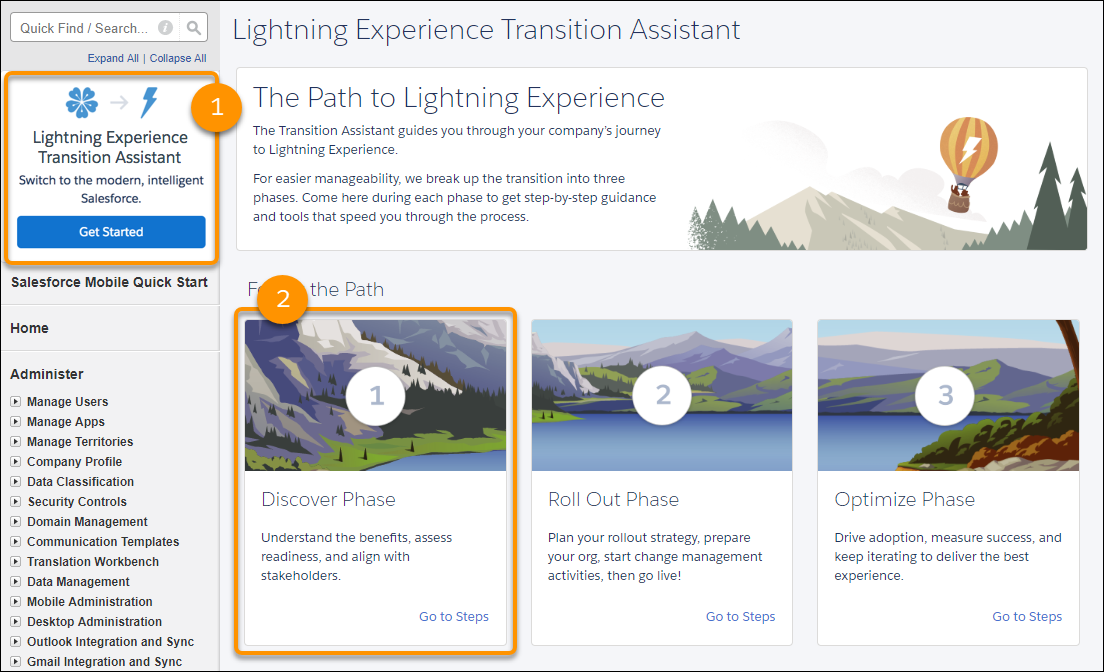 Screenshot of the Lightning Experience Transition Assistant in Setup